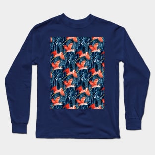 Birds and Reeds in Red and Blue Long Sleeve T-Shirt